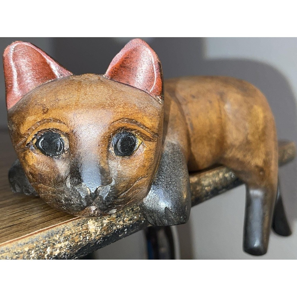 VTG Hand Carved Wood Cat Shelf Sitter  Whimsical Siamese Figurine 1980s Folk Art
